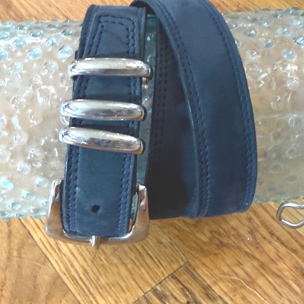 Navy Blue Nubuck Leather Belt Silver Triple Keeper Size 38